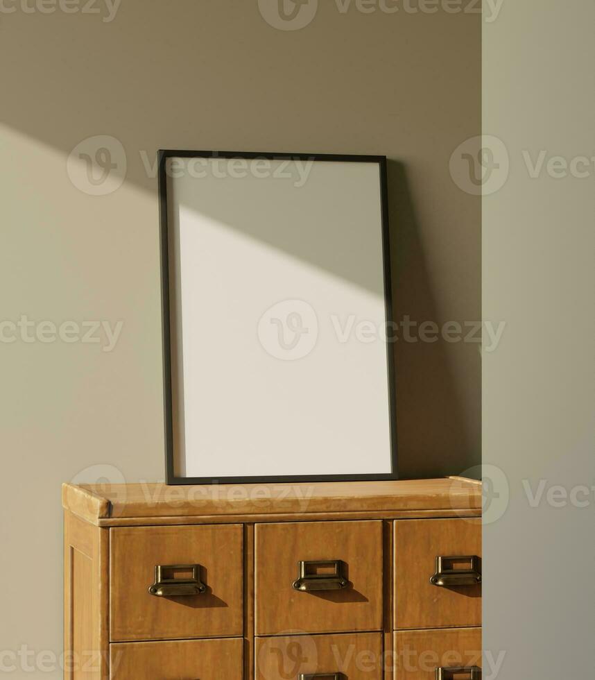 black wooden frame mockup standing on the wooden drawer leaning on the green wall lit by sunlight photo