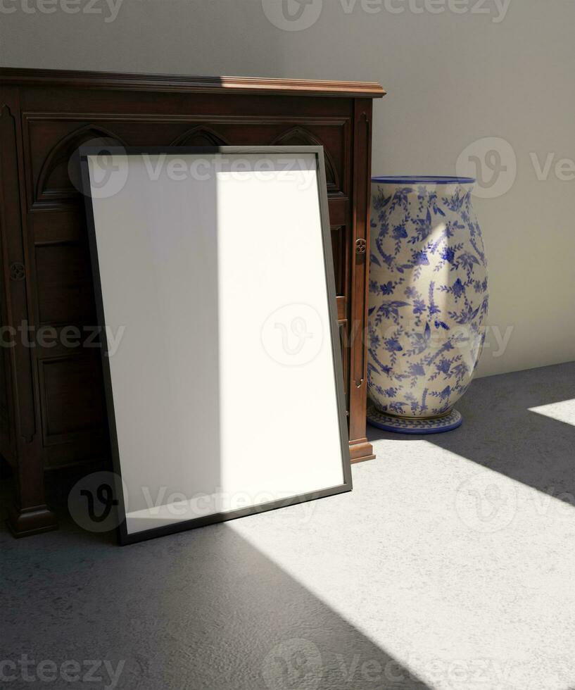 single frame mockup poster standing on the concrete floor in front of the vintage wooden cabinet with vase decoration photo