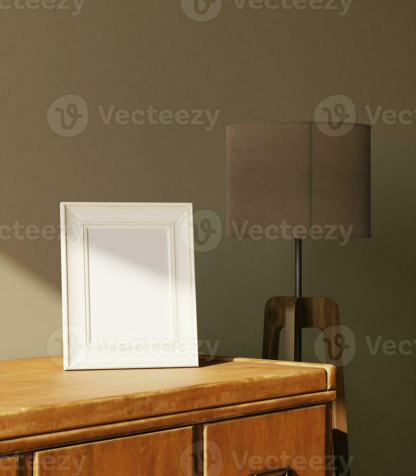 Little frame mockup on the wooden dresser with standing lamp decoration got light form the window photo