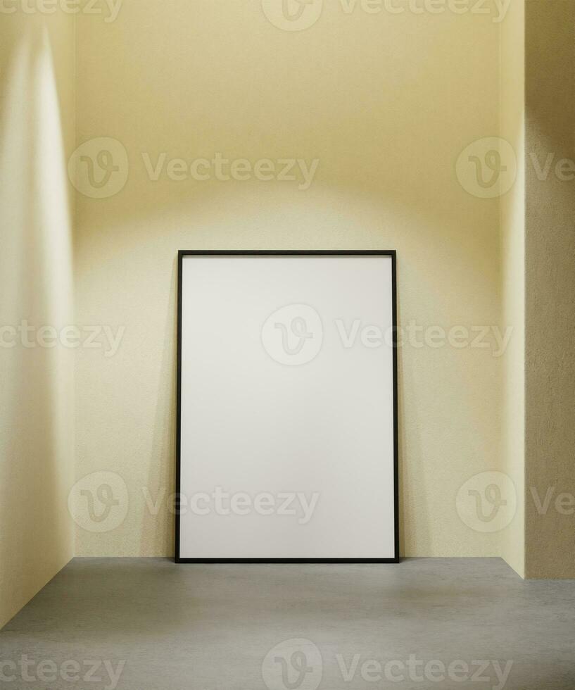 simple portrait 7x10 frame mockup poster standing on the concrete floor and beige wall background light by lamp photo