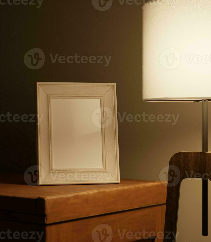 a portrait of little frame mockup in the dark lit by standing lamp on the wooden table photo