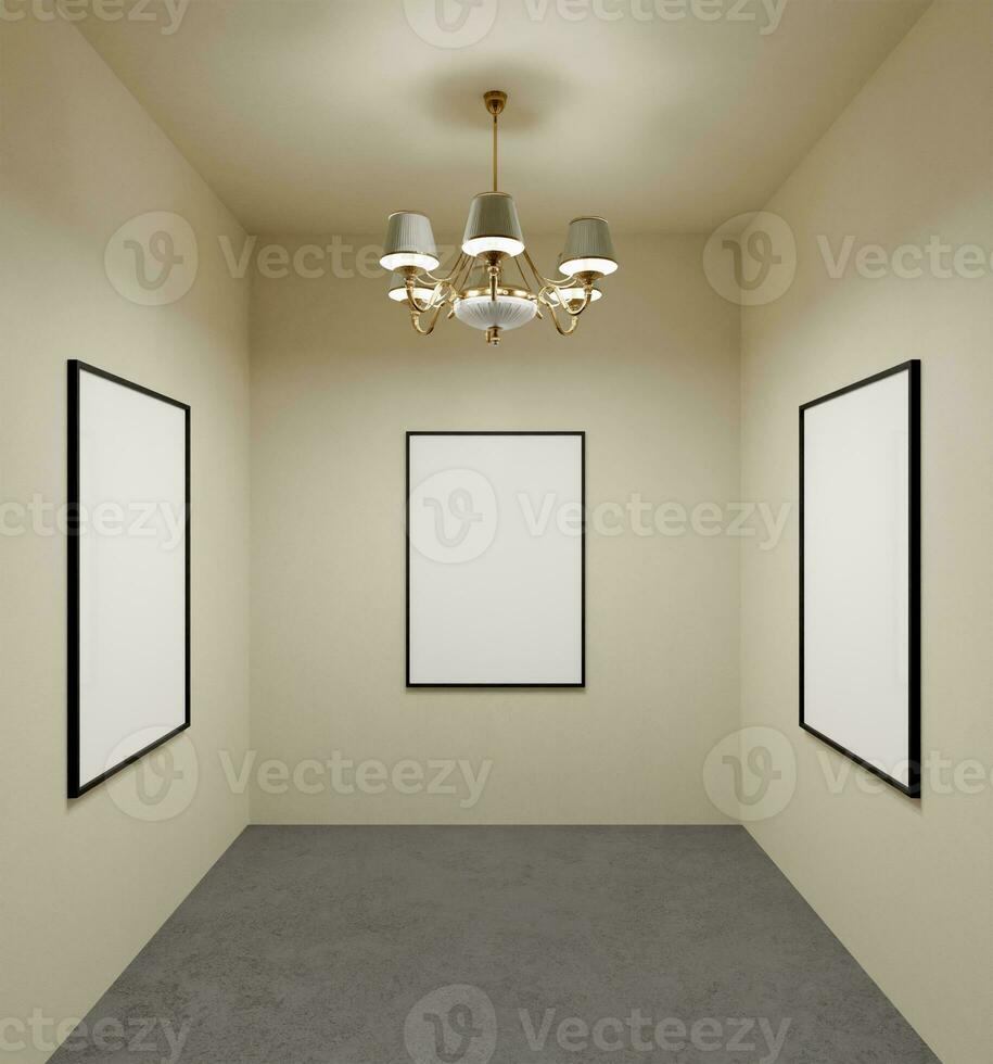 stylist set of three portrait frame mockup poster light by luxury lamp in the gallery room with concrete floor photo