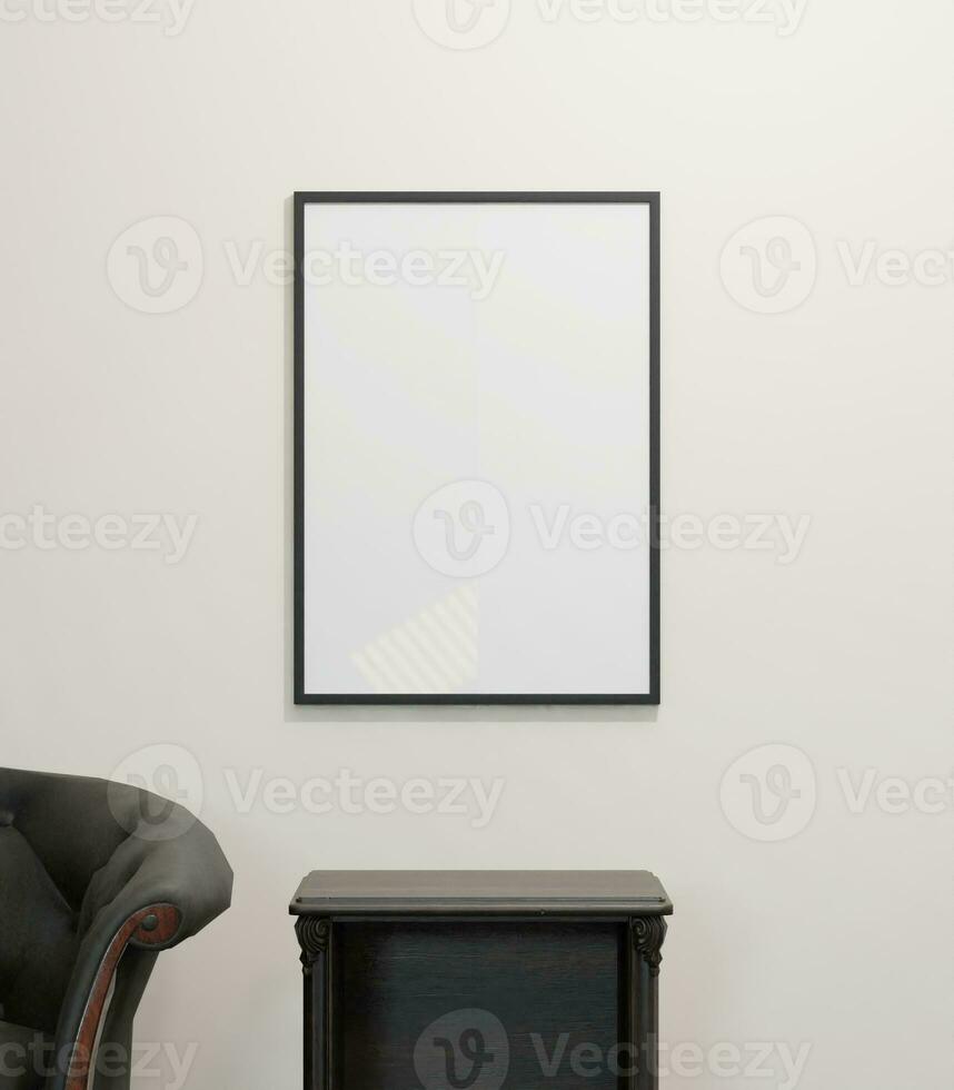 minimal of frame mockup poster on the white wall above the stylist table and  sofa in the minimalist room photo
