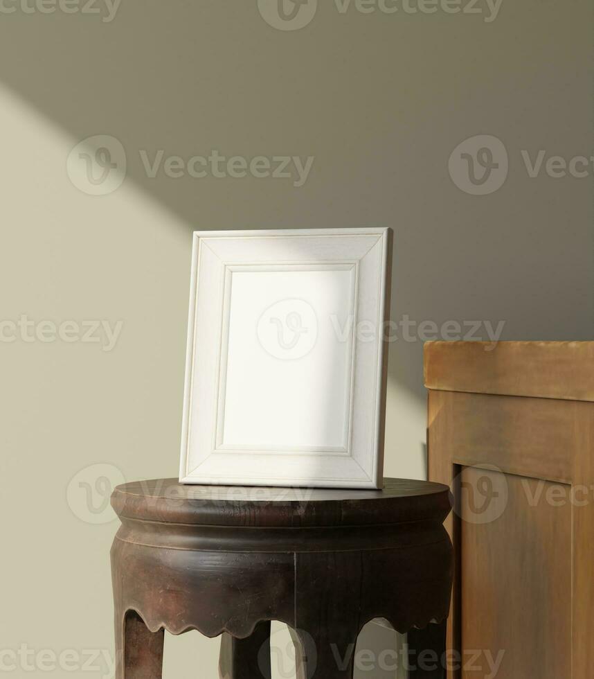 Little frame mockup on the stool lit by sunlight beside the wooden table photo