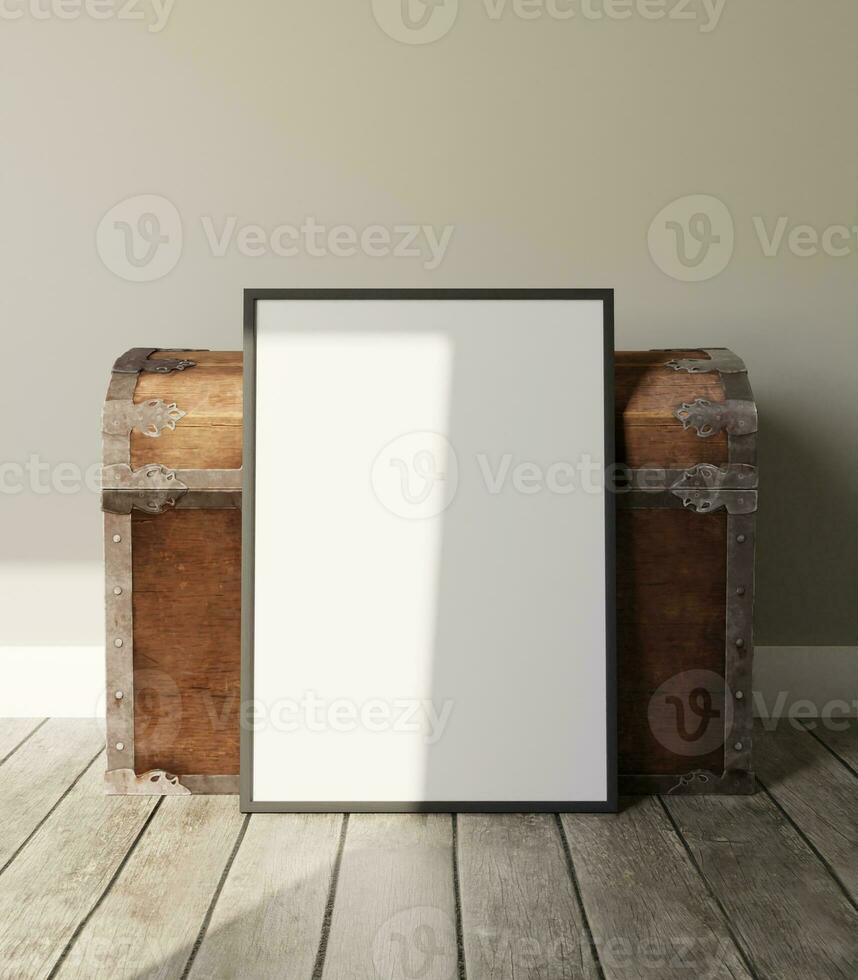 a portrait of frame mockup poster leaning in front of treasure chest on the wooden floor photo