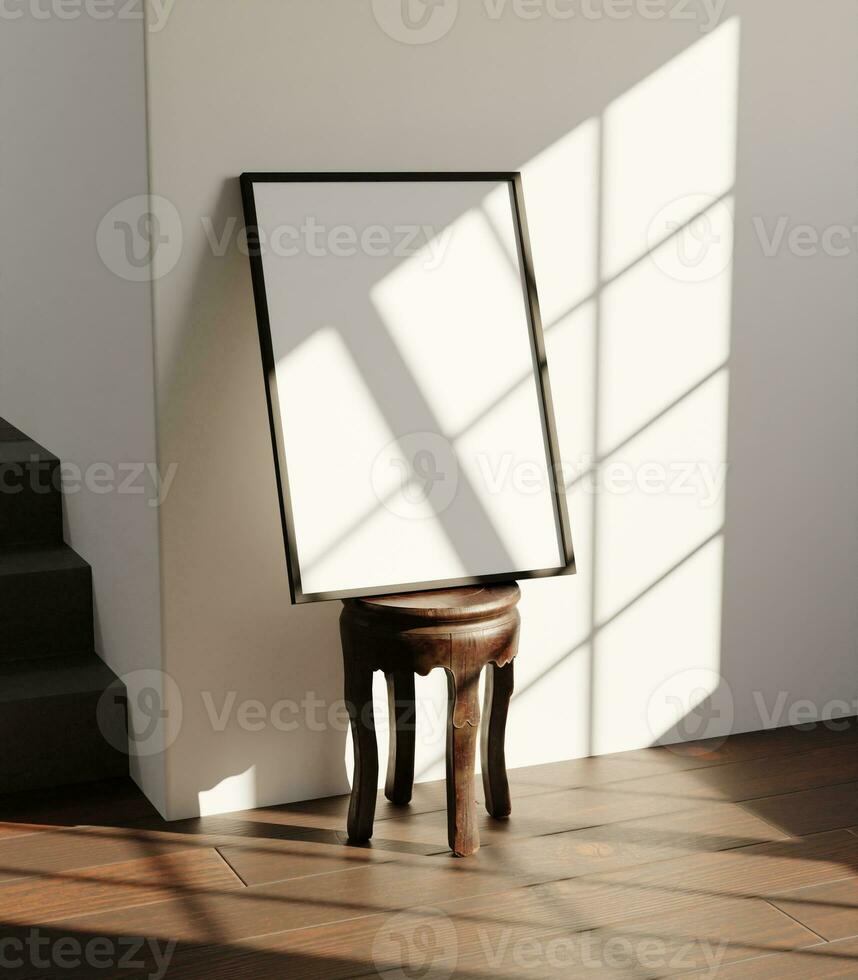 minimalist elegant empty frame mockup poster on the chair got sunlight from the window shot from side angle photo