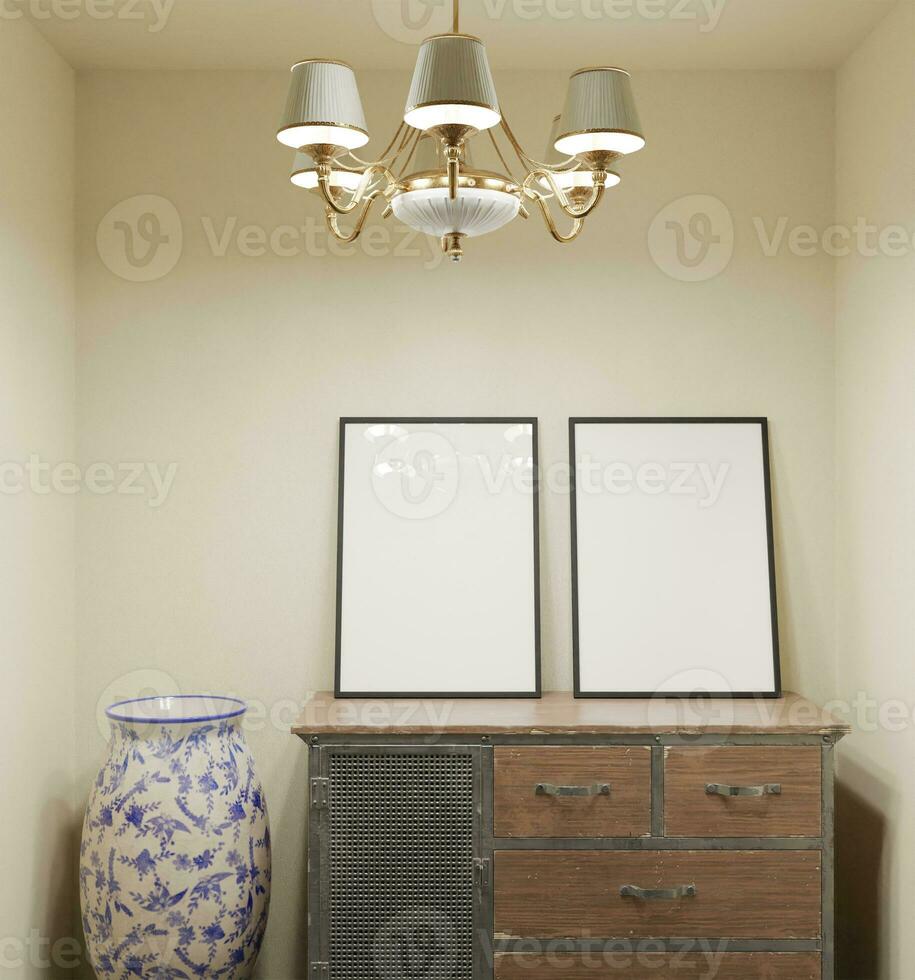 classic look frame mockup poster standing on the old wooden table with vase and luxury lamp decoration on the beige wall photo