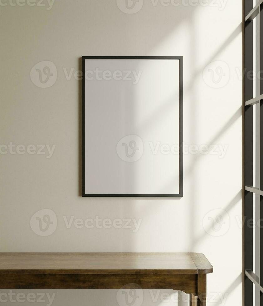 minimal black wooden photo frame mockup poster for your artwork above the table in the interior light by sunlight