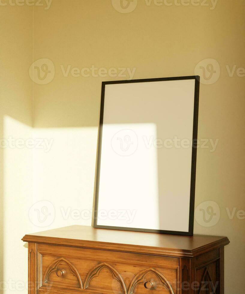 simple minimalist portrait frame mockup poster above the cabinet light by sunlight from the window with beige wall background photo