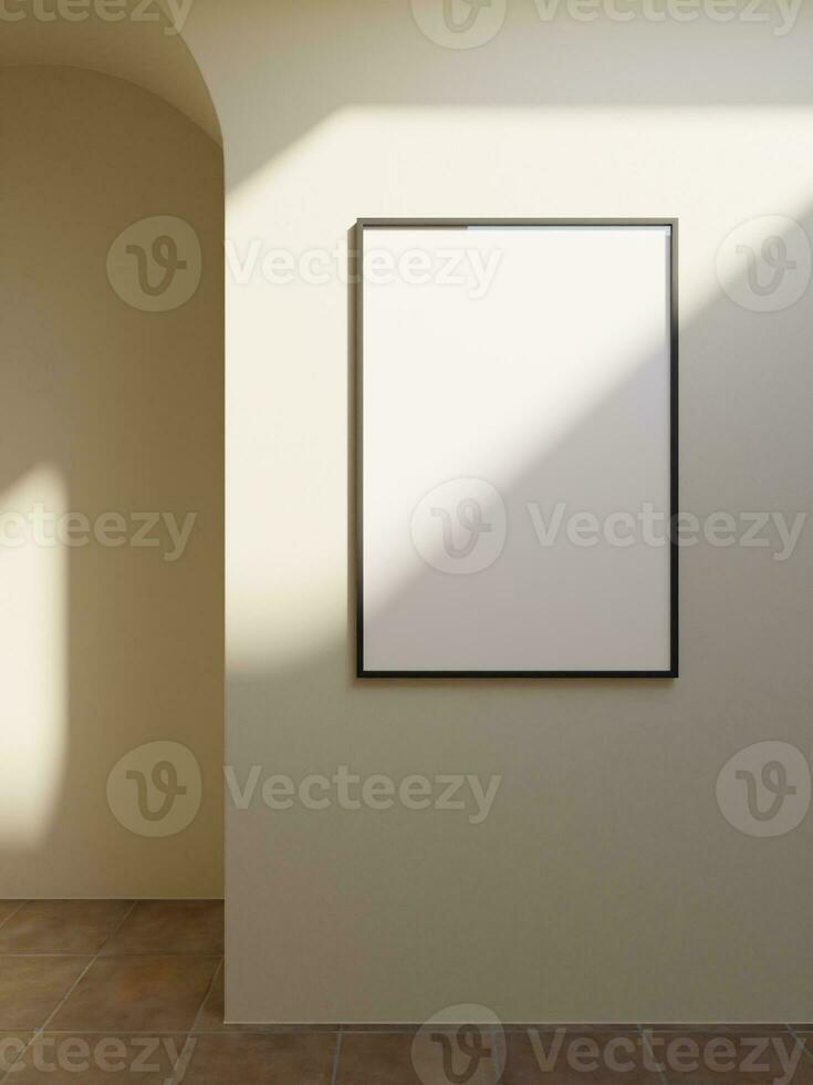 stylist vertical black wooden mockup frame poster hanging on the beige wall in scandinavian interior photo