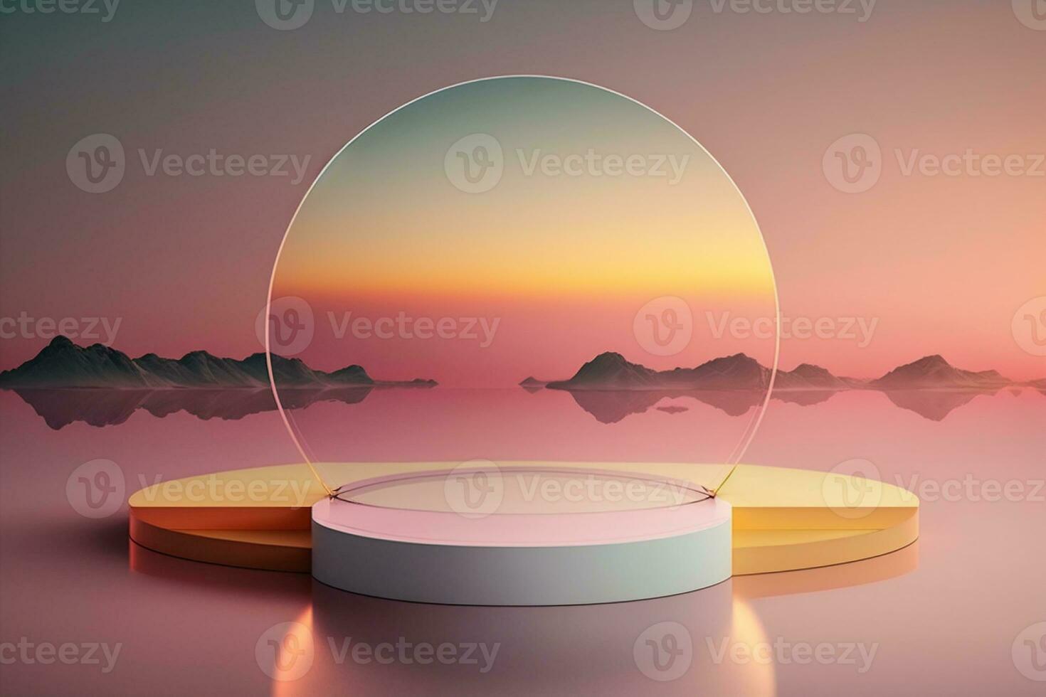 Display podium with round transparent decor refracting light at sunset. Mountains in the background. Created with Generative AI photo