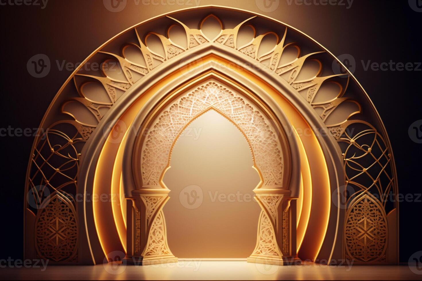 Shining luxurious golden arch with bright light coming out. Created with photo