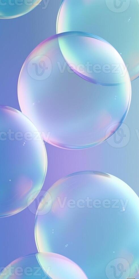 Transparent soap bubbles floating on blue pink gradient background. Created with technology photo