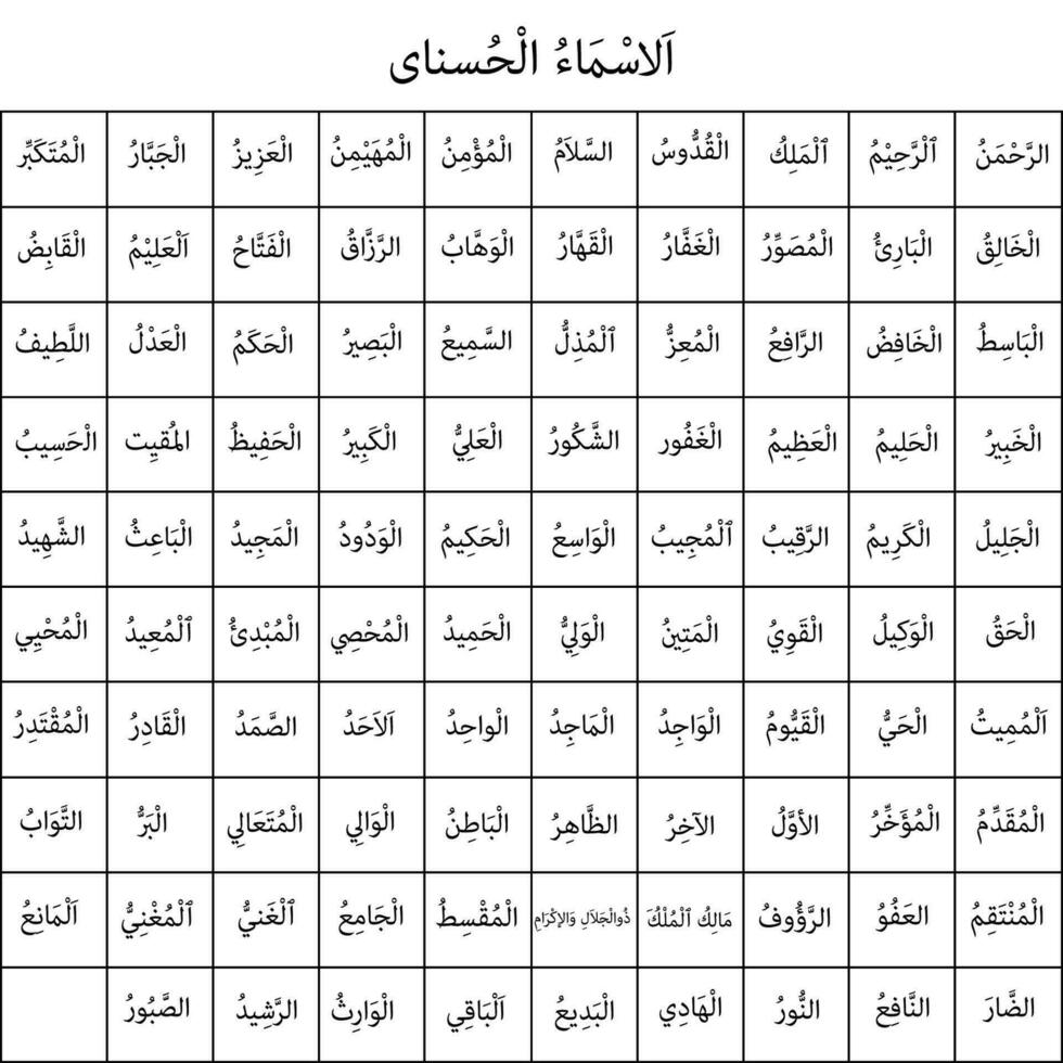 99 nombres de Alá en arabe.al asma ul Husna vector