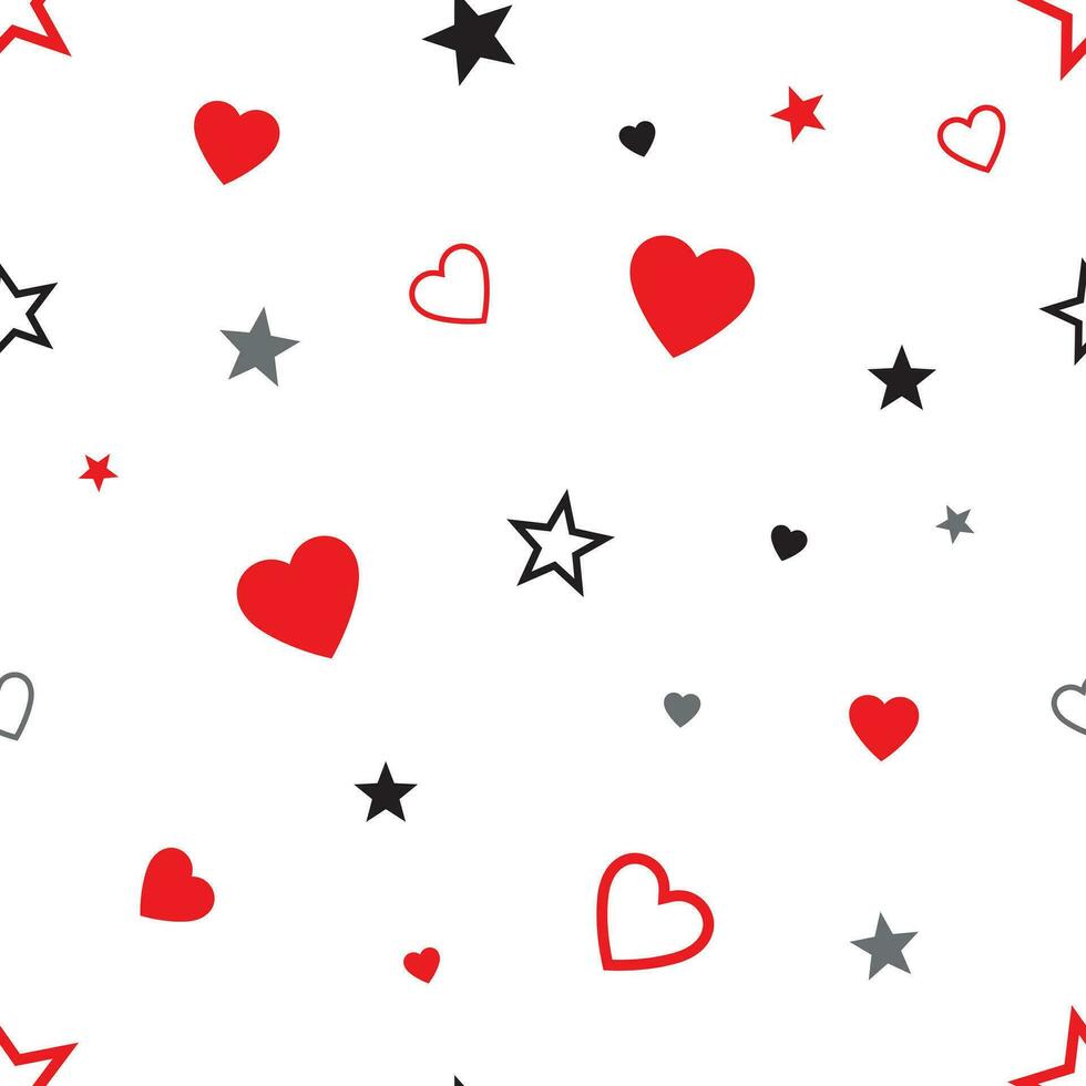 Seamless pattern with hearts and stars. Red and black colors on white background. Vector illustration.