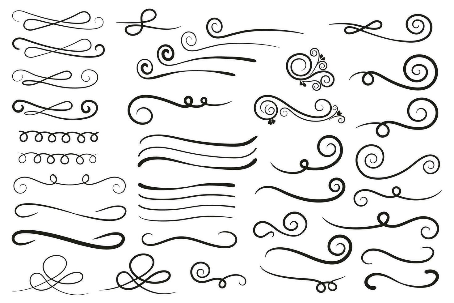 Swirl ornament stroke. Ornamental curls, swirls divider and filigree ornaments vector illustration set