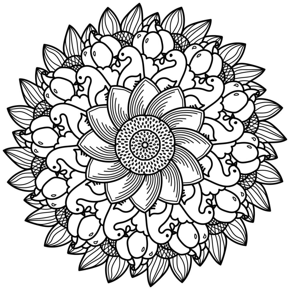 Thanksgiving mandala with turkey and flower, meditative coloring page vector