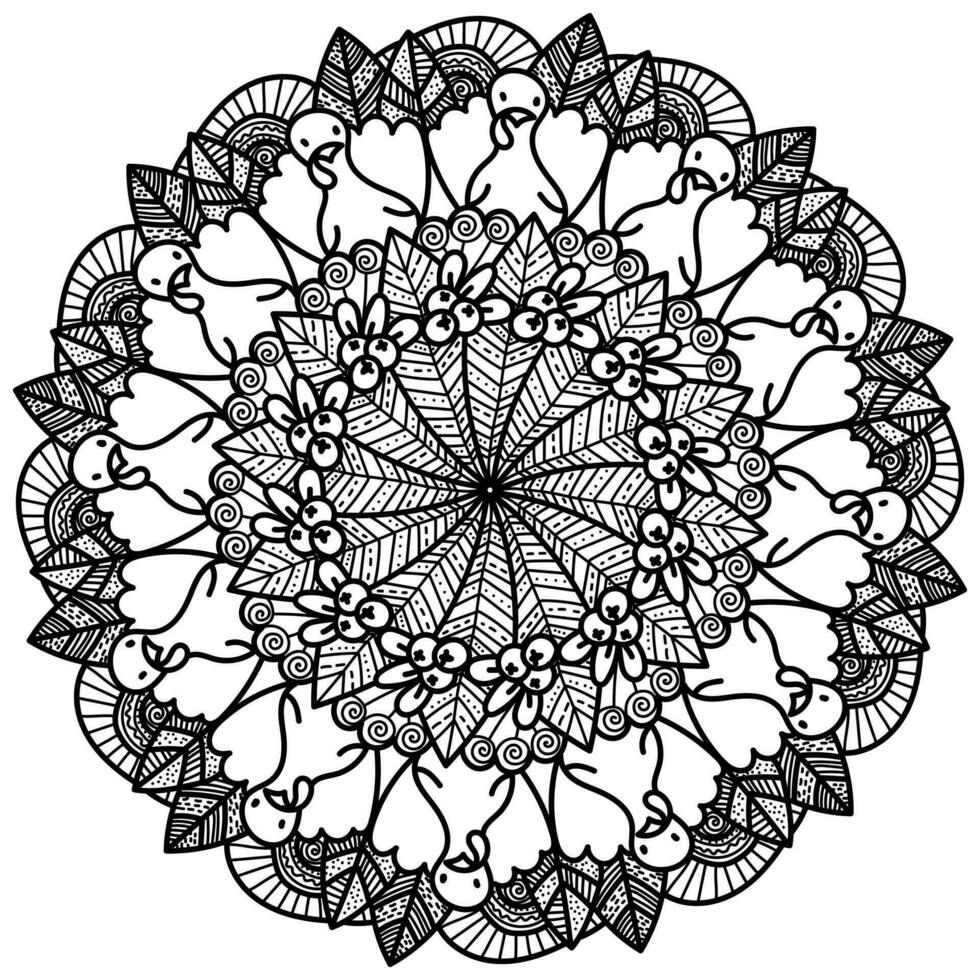Thanksgiving mandala with turkey and cranberries, meditative coloring page vector
