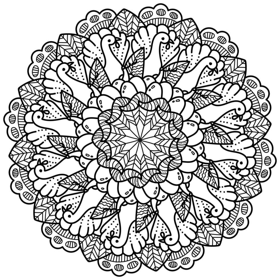 Thanksgiving Mandala with Turkey Pumpkin and Swirls, Meditative Coloring Page with Patterns vector