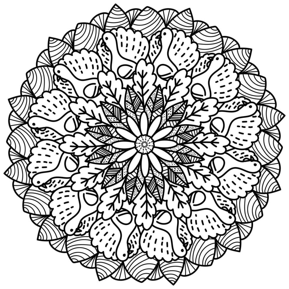 Thanksgiving mandala with turkey and leaves, meditative coloring page with patterns and flower vector
