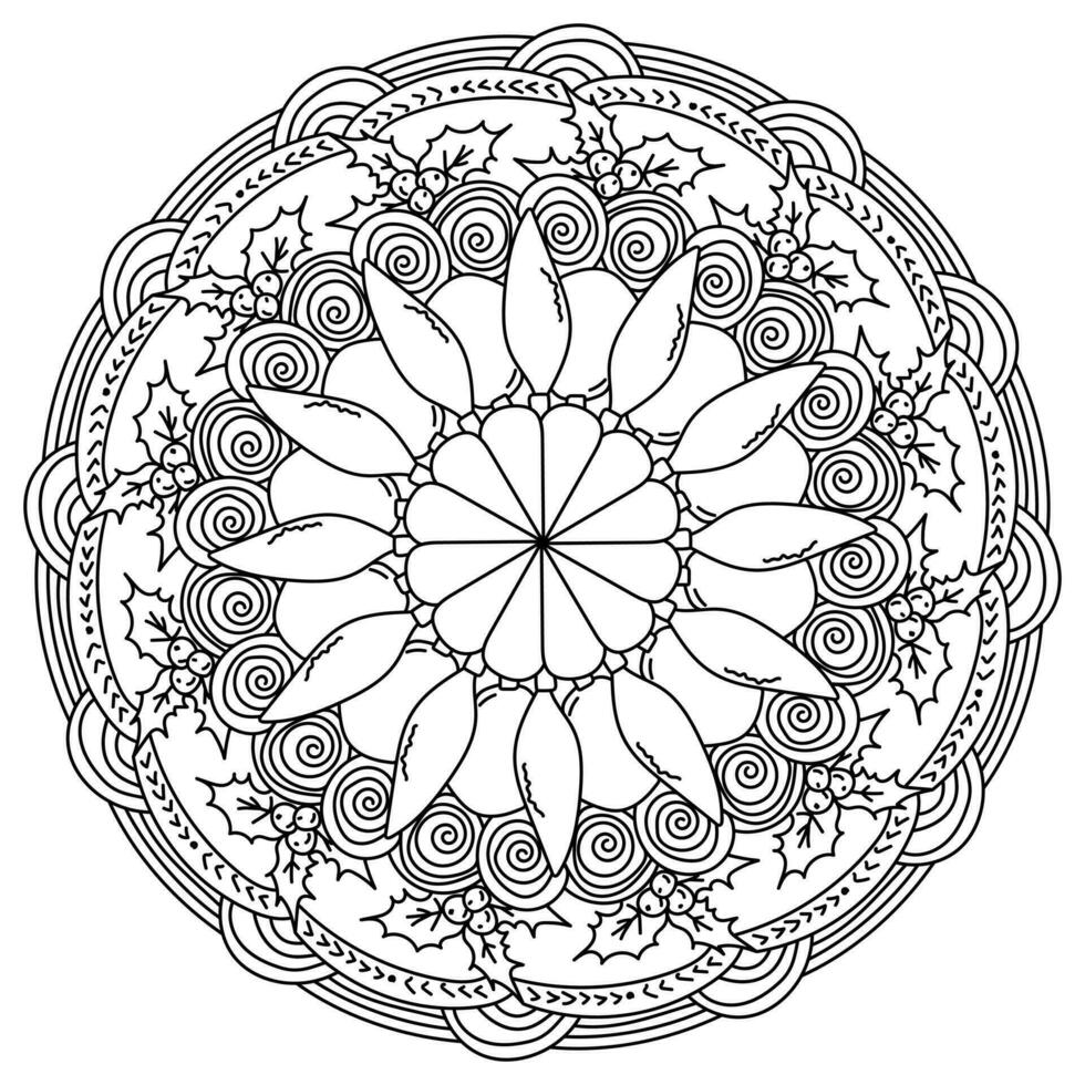 Christmas mandala, meditative coloring page with holly, Christmas balls and ornate patterns vector