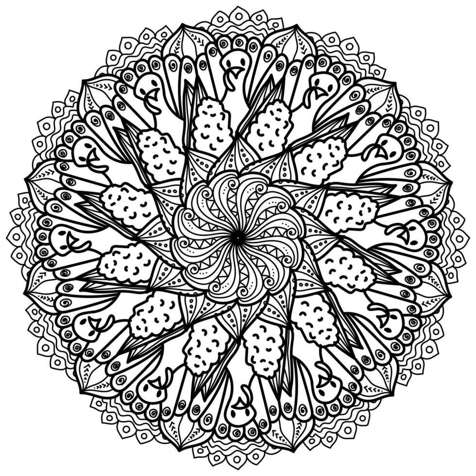 Thanksgiving mandala with turkey and corn, meditative patterned coloring page vector