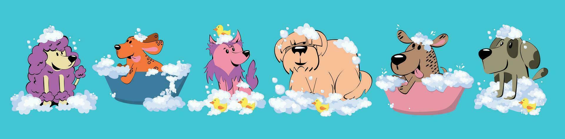 The Cute dog in a bubbles bath in a flat style. Grooming. Pet care illustration for content, label, banner, graphic and greeting card vector