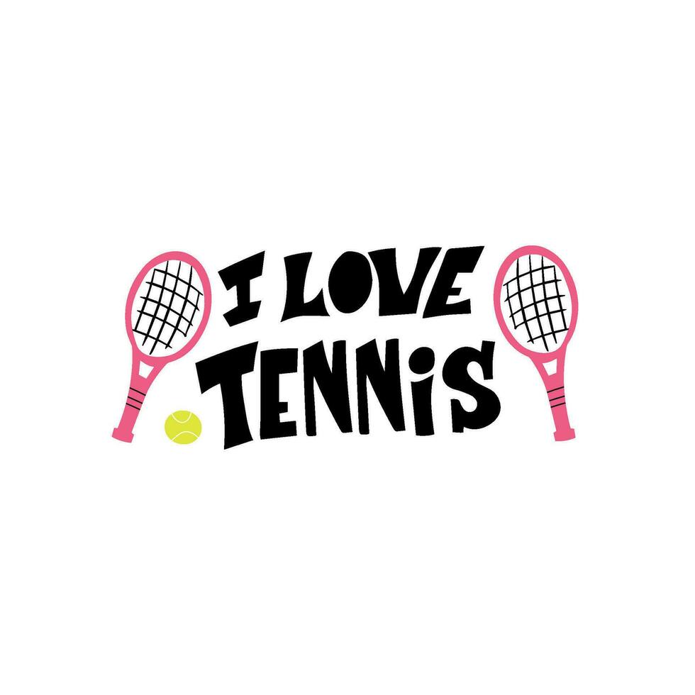 Play tennis hand drawn vector lettering quote. Motivational sport slogans with tennis balls and racket on white background. Competitive game, healthy lifestyle concept.