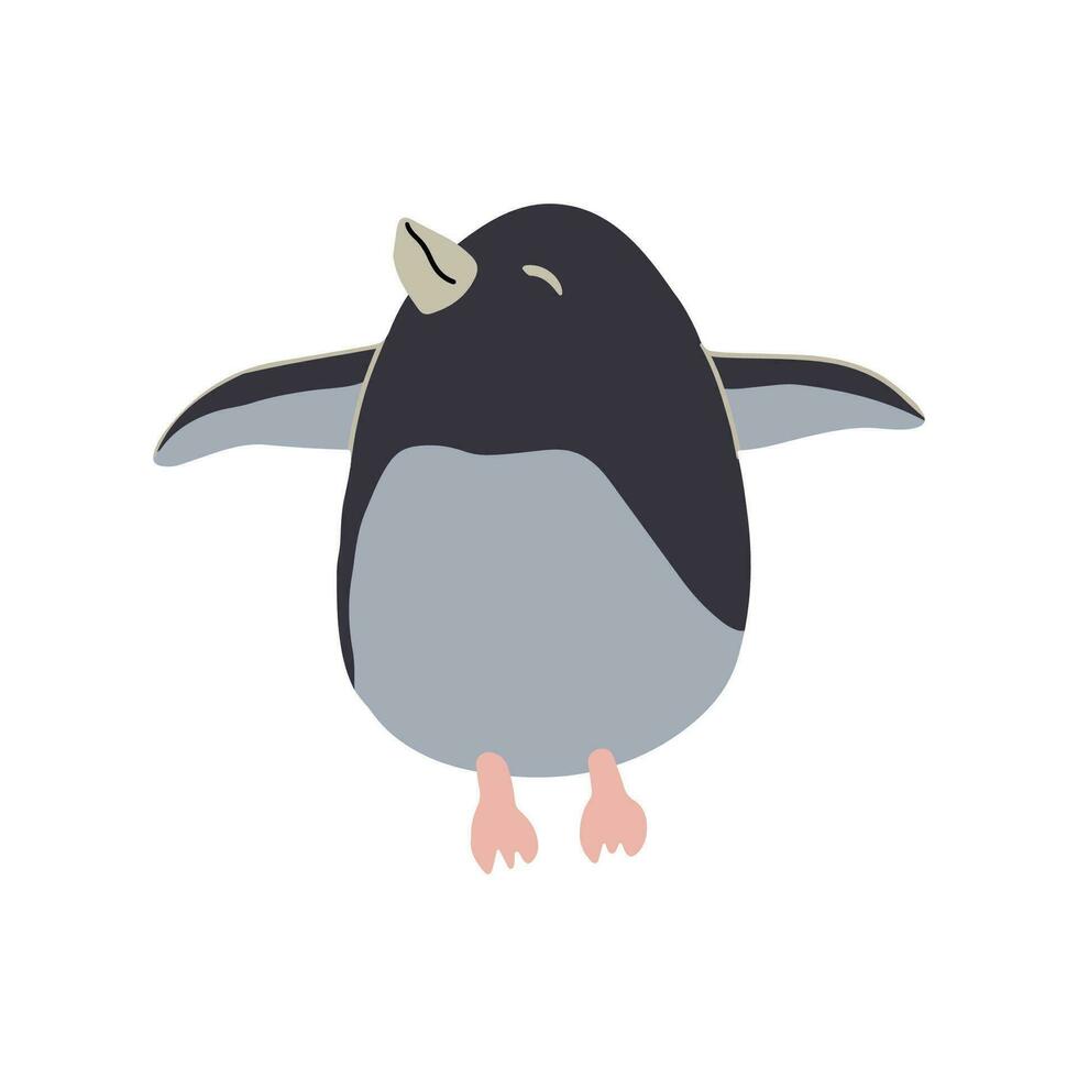 Cute little penguin jumping and trying to fly. Cartoon baby penguin having fun in winter. Arctic animal vector illustration.