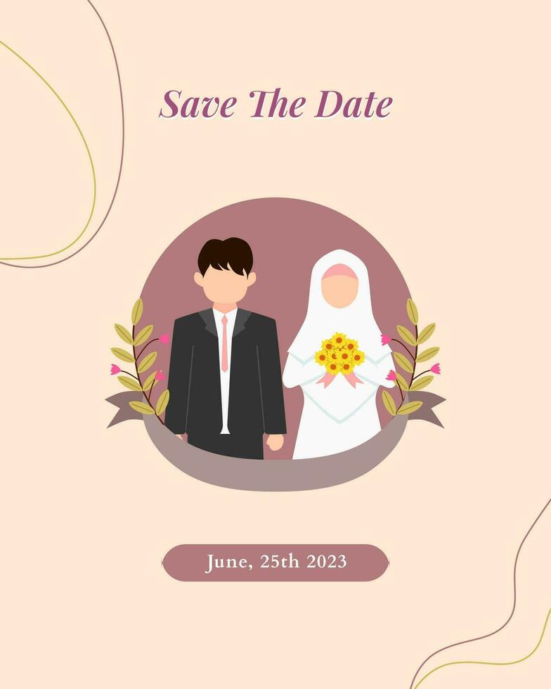 Wedding invitation poster. Bride and groom in cartoon style, faceless character. vector