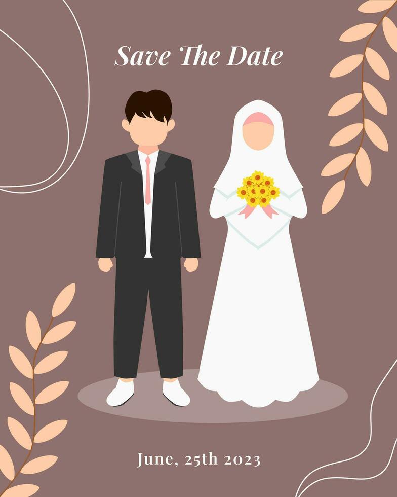 Wedding invitation poster. Bride and groom in cartoon style, faceless character. vector