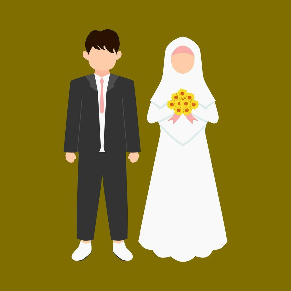 musulmán Boda Pareja personaje. novia y novio en dibujos animados estilo, sin rostro personaje. vector