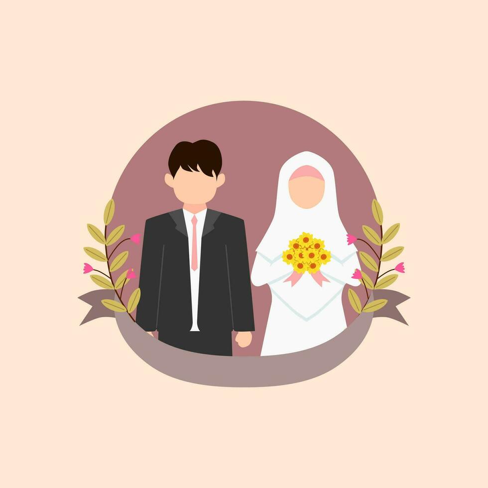 musulmán Boda Pareja personaje. novia y novio en dibujos animados estilo, sin rostro personaje. vector