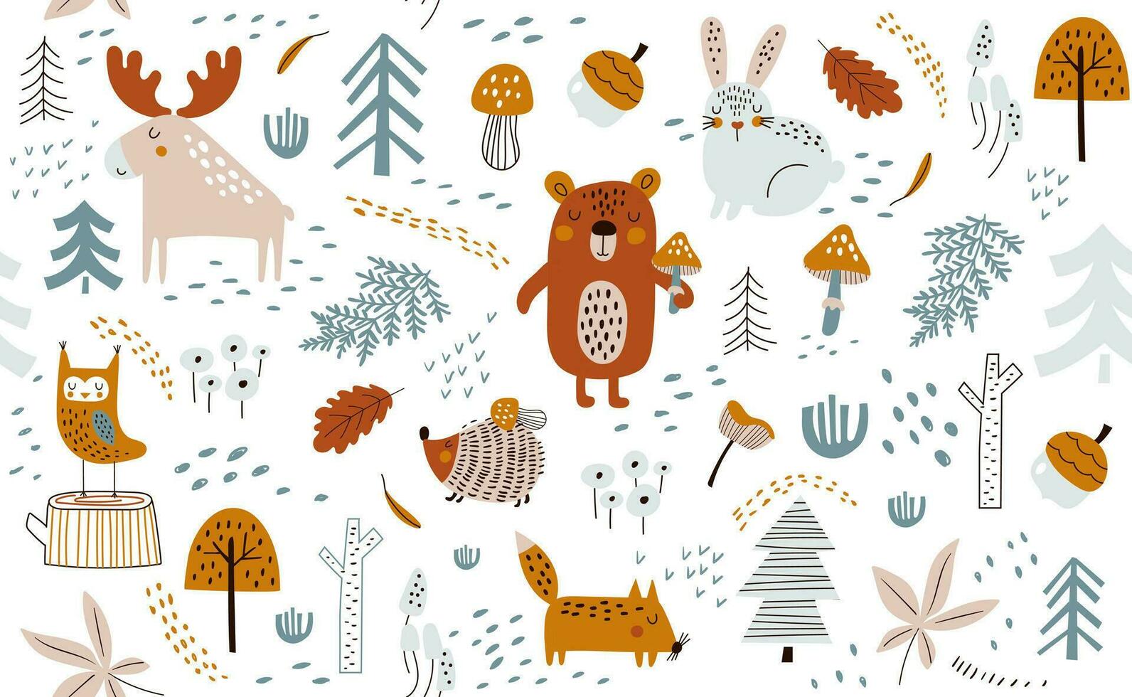 Vector seamless pattern with hand drawn wild forest animals,