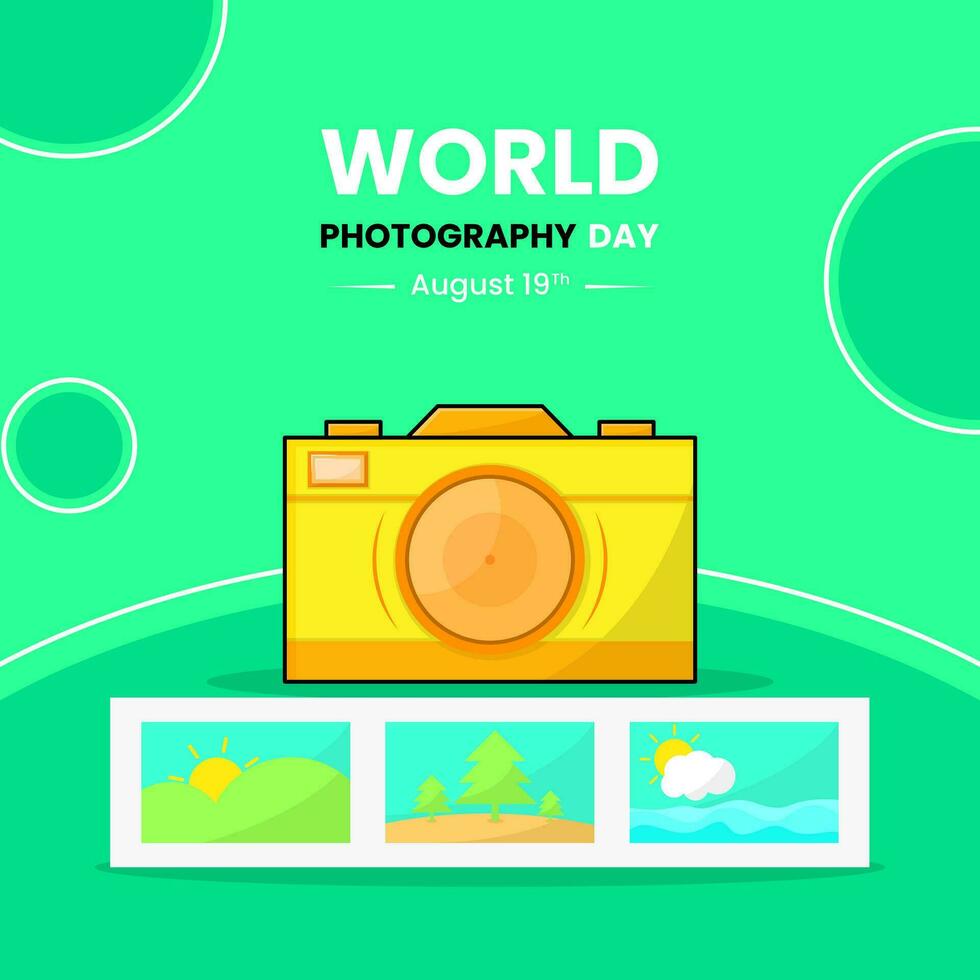 World Photography Day design template. camera lens, picture. used for social media post, greeting card vector