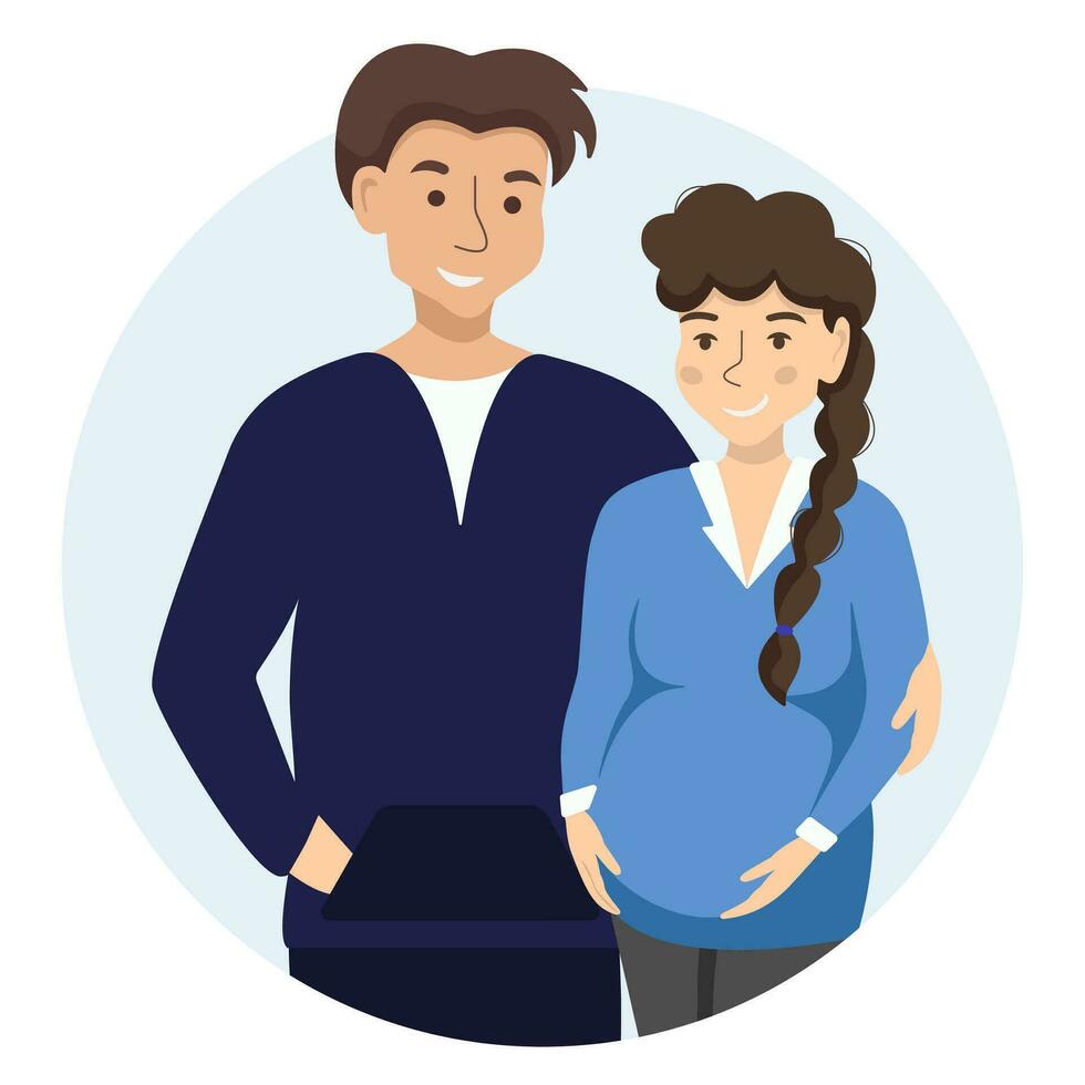 Happy relationships and healthy pregnancy symptoms. Cartoon characters standing and hugging. Vector illustration with future smiling parents.