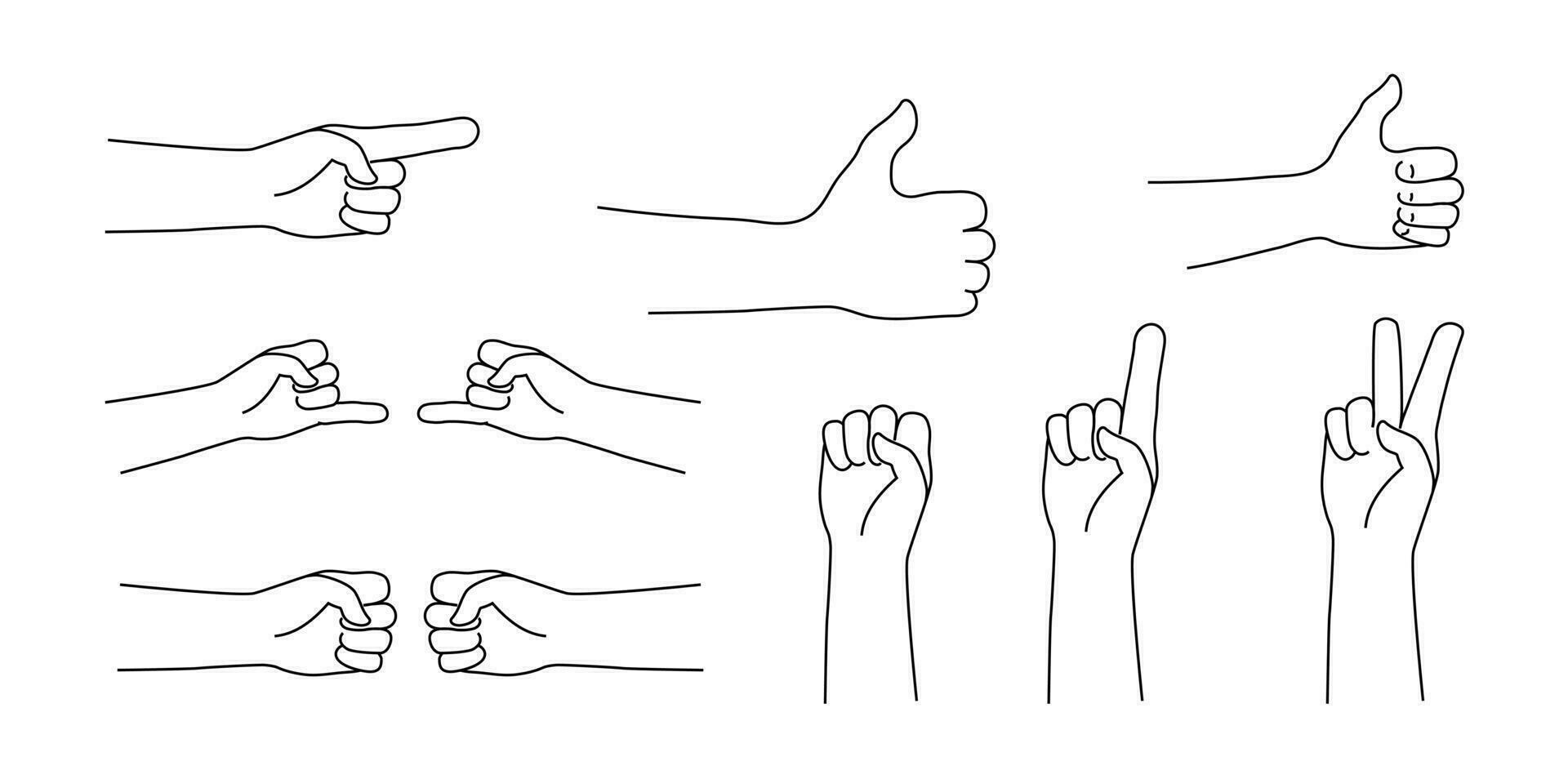 Hand gestures isolated vector icon outline. Line art human hands show different signals, signs.