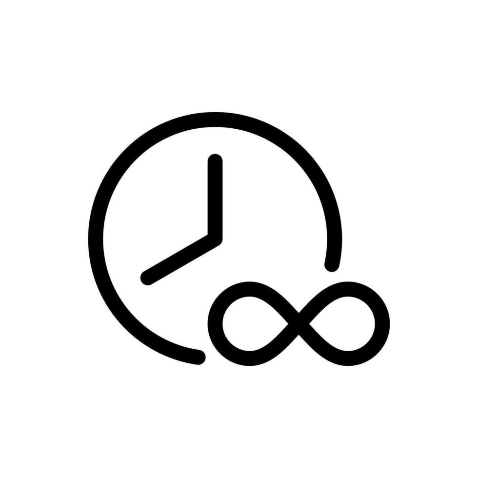 Infinite time, unlimited, clock and infinity symbol icon in line style design isolated on white background. Editable stroke. vector