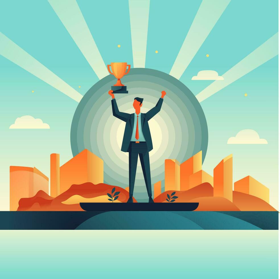 Businessman holding a trophy on the background of the city. vector