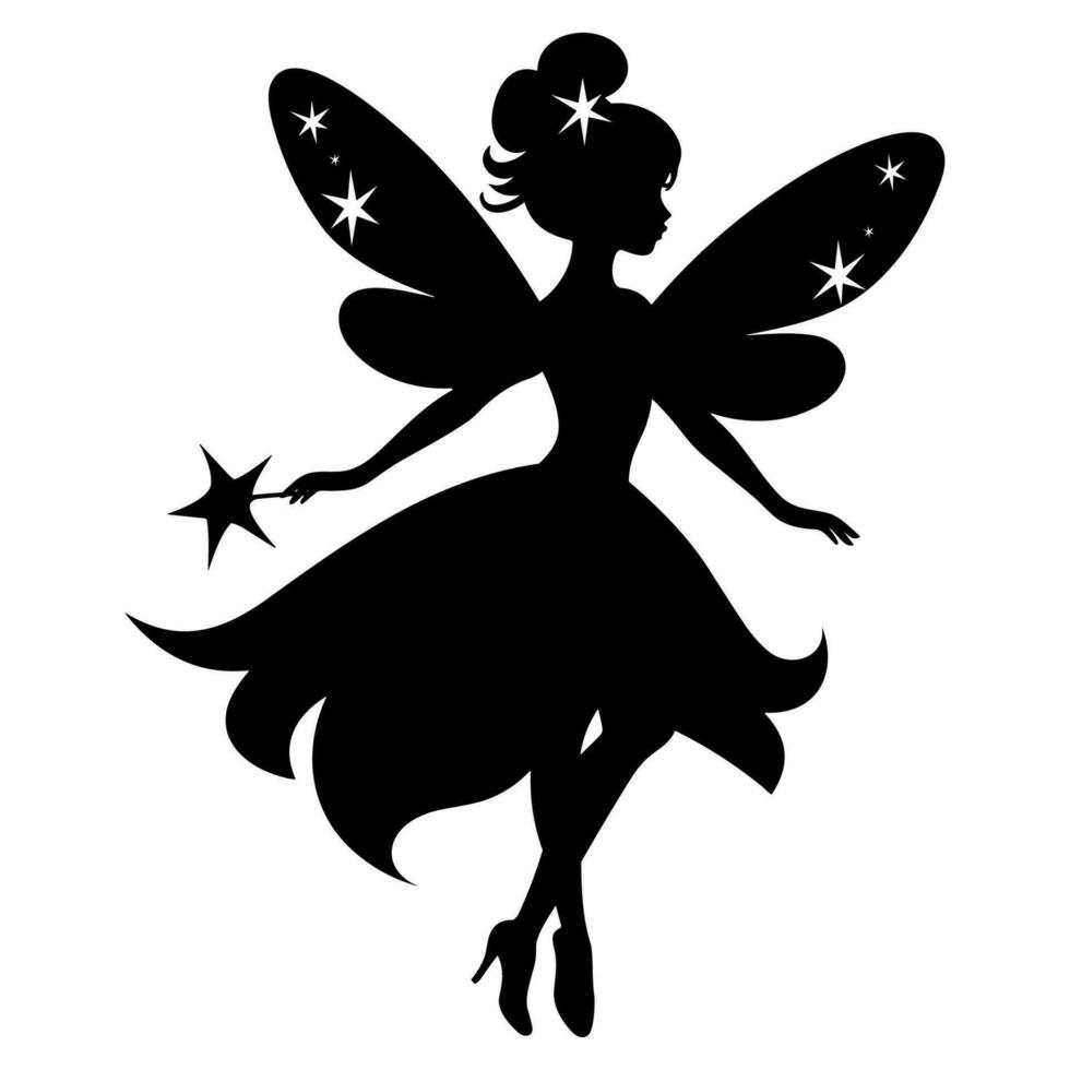 a silhouette of a fairy with stars on her wings vector