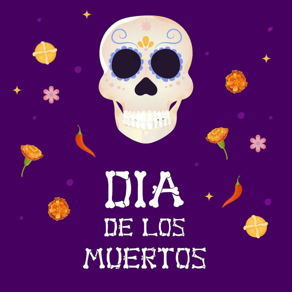 Day of the dead postcard. skull and flor de muerto vector