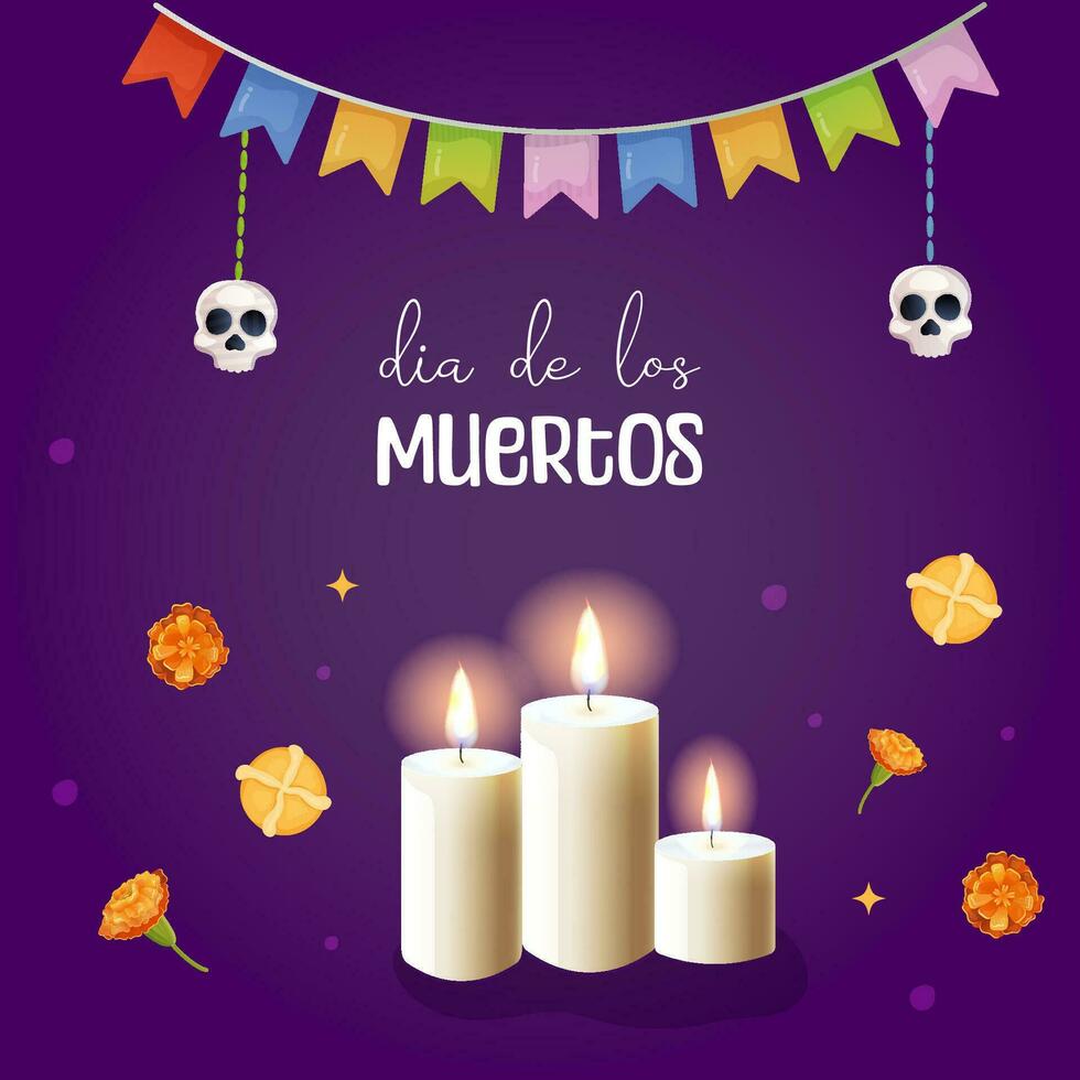 día de el muerto tarjeta postal. cráneo y velas vector