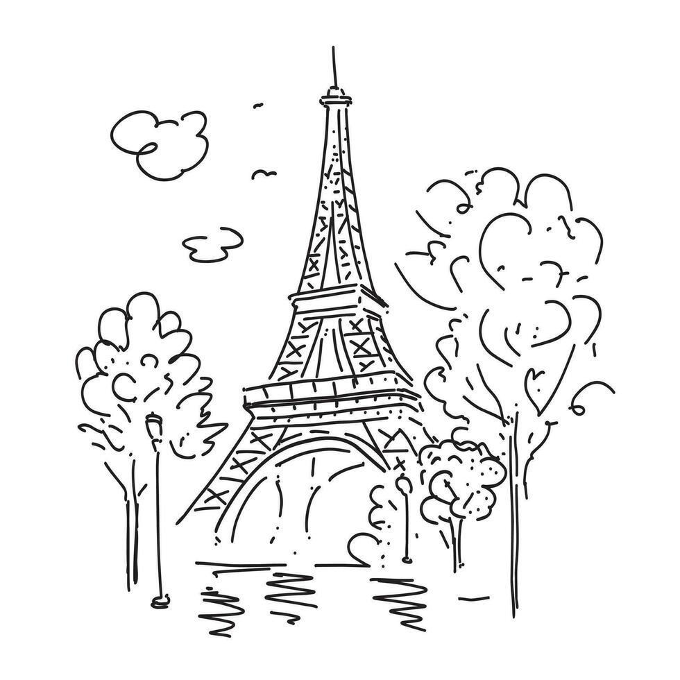 Eiffel Tower in the cityscape, trees and lanterns. Symbol of France. Vector illustration in a linear style.