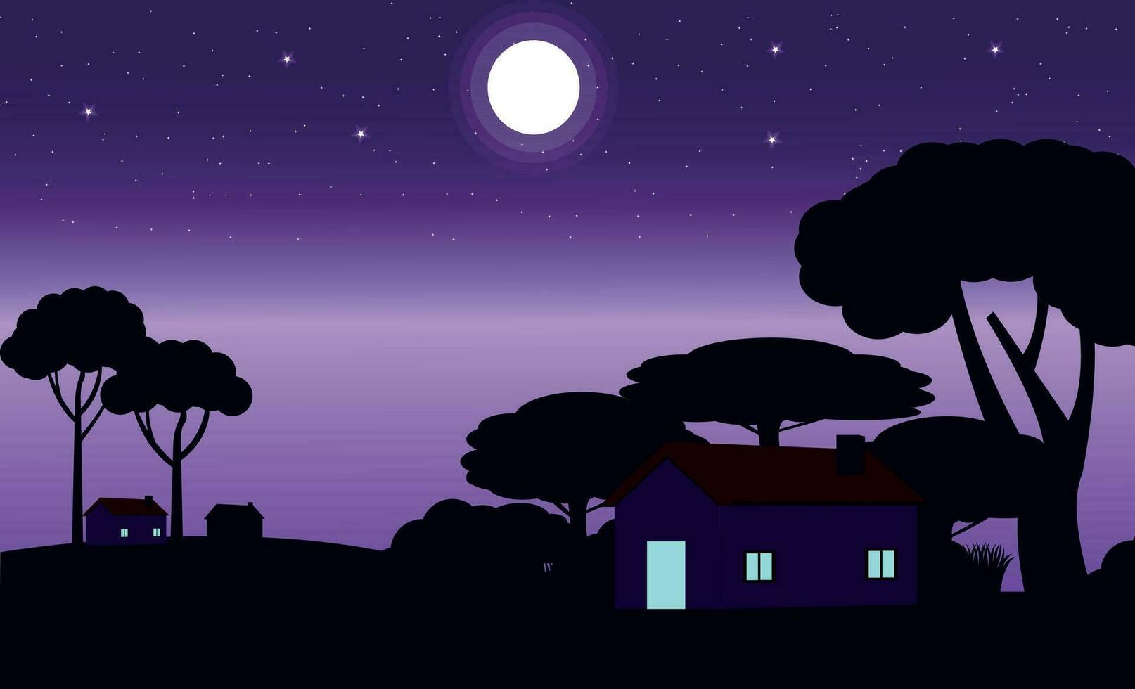 vector ilustración, noche paisaje, pequeño aldea, granja, estrella y oscuro azul cielo, brillantemente brillar el Luna.