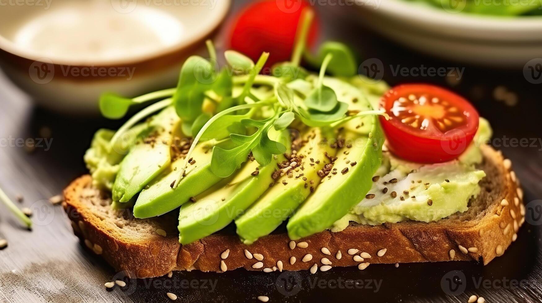 Vegan sandwich, rye bread toast, avocado, eggless mayonnaise sauce, sesame seeds, cherry tomato arugula rucola leaves, wooden table. Healthy vegetarian snack. photo