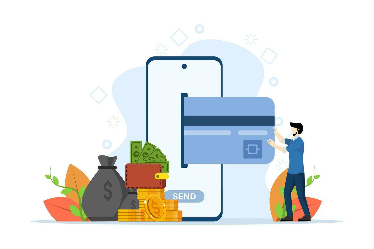 Transferring money to e-wallet concept, Showing businessman shopping activity using e-wallet, Suitable for landing page, UI, web, app intro card, editorial, flyer and banner, Flat Vector Illustration.