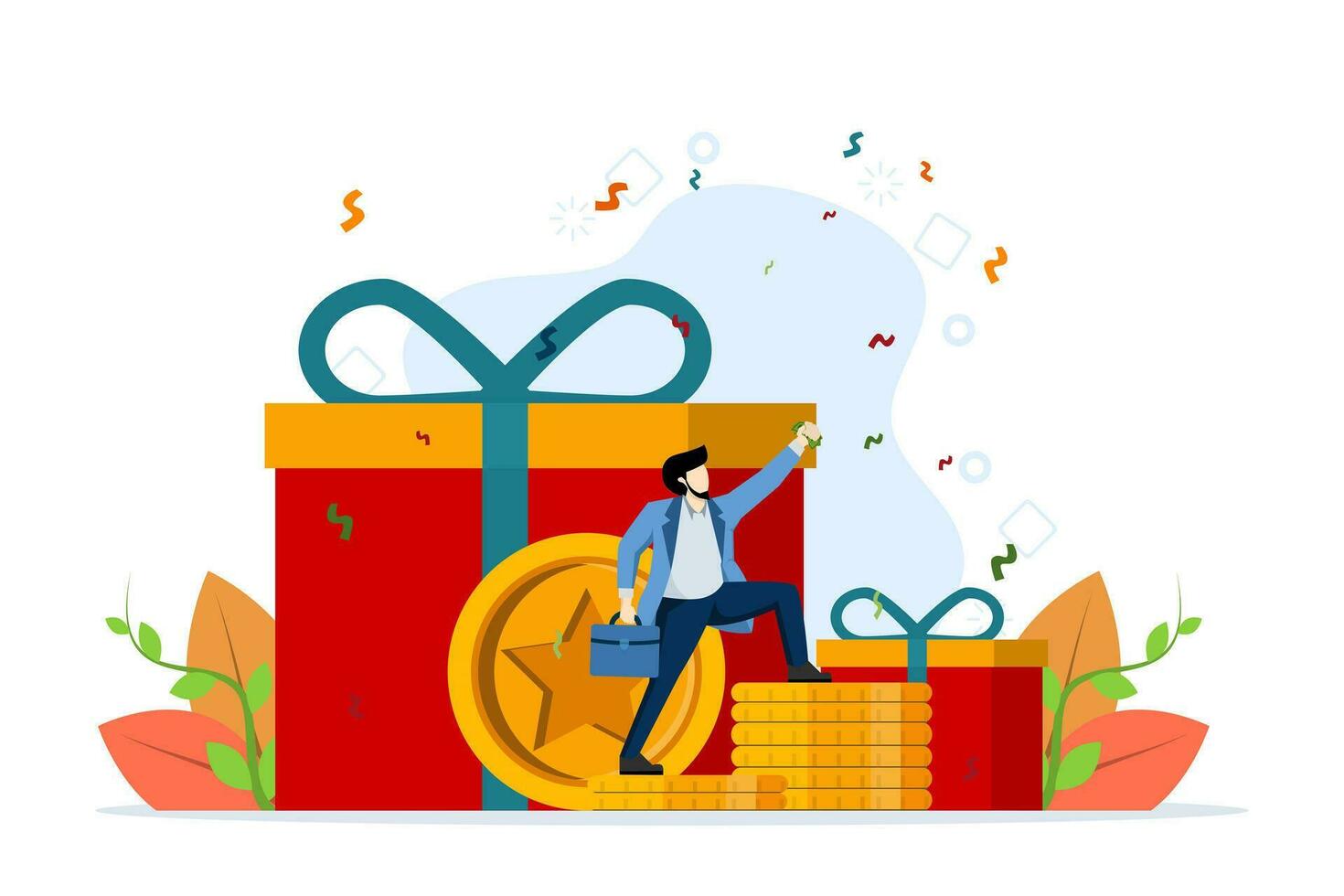 Concept of discount and loyalty card, customer service, loyalty program, gift box, bonus or gift. man standing with money in his hands on coins. Vector illustration in flat design.