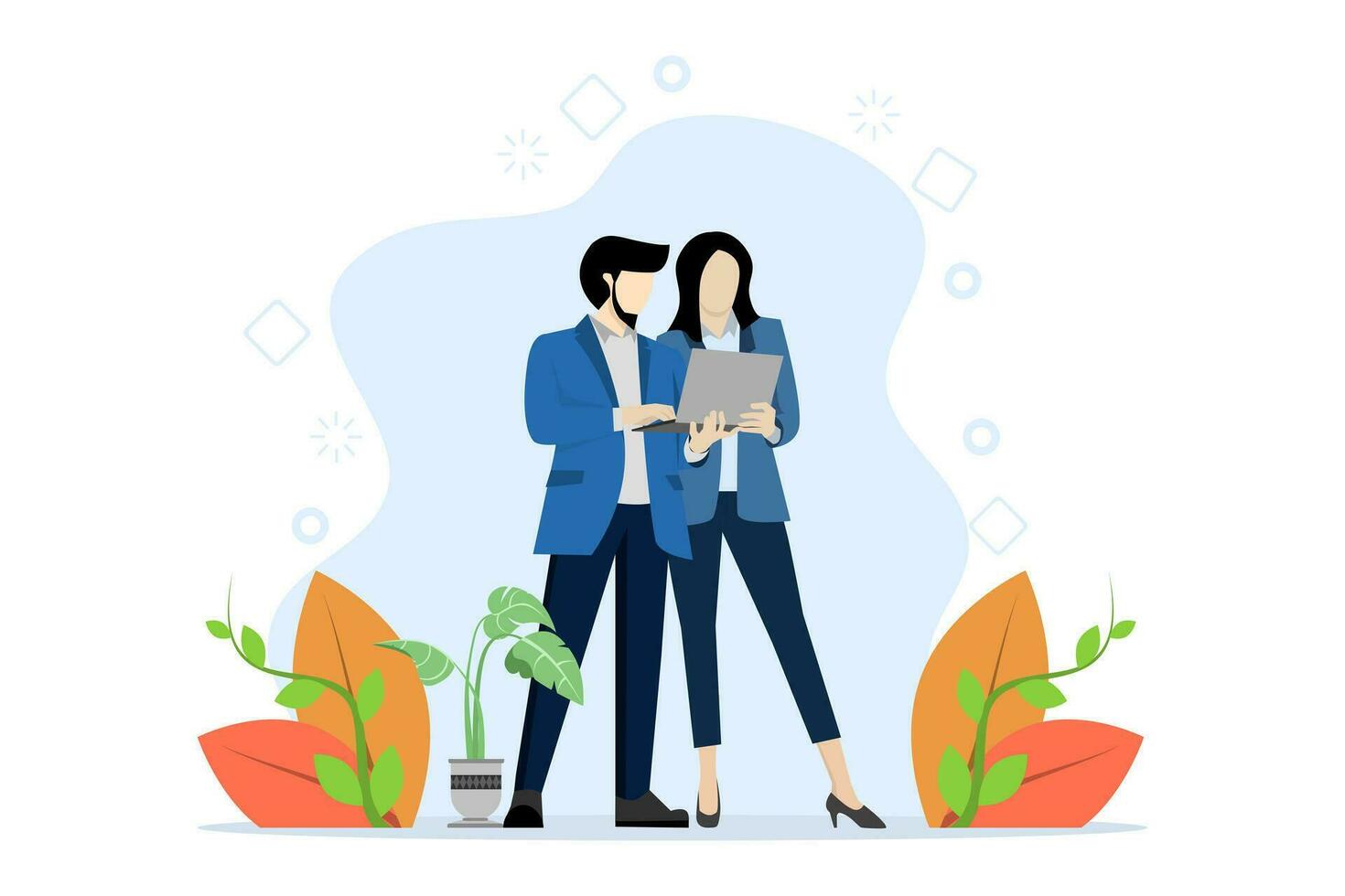 Man and woman with laptop discussing work. Office workers talking during business meeting. Can be used for websites, banners, infographics. Flat vector illustration on a white background.