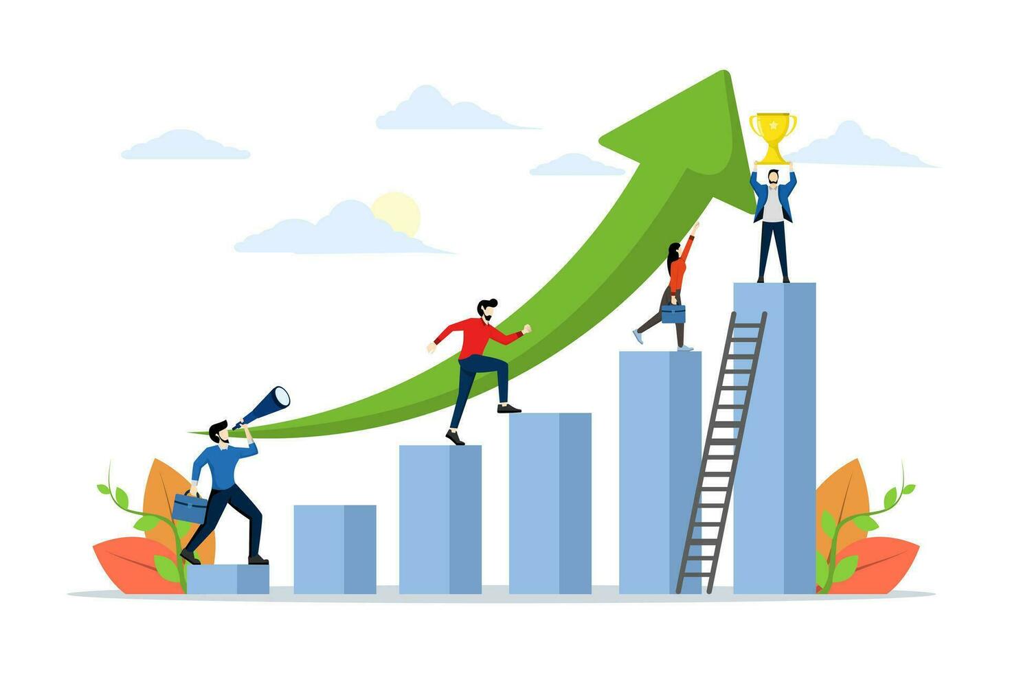 concept of achieving goal in business, people running to their goal, moving with motivation, goal achievement, winner, victory in first place, number one. Flat vector illustration.