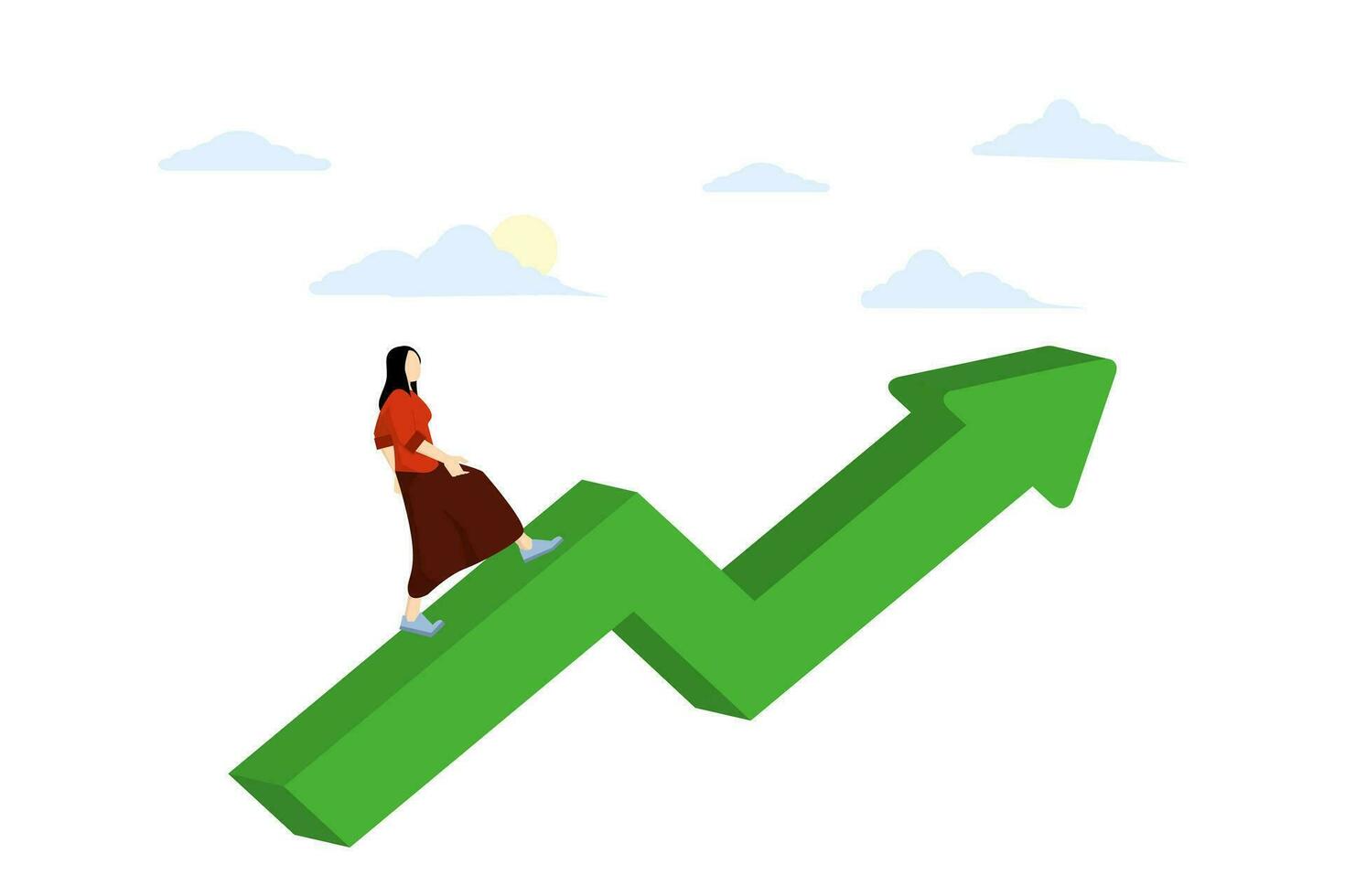 Concept of career advancement in business. Young business woman climbing arrow to her goal. Career rise to success metaphor. Drive motivation. Business growth analysis. Flat vector illustration.